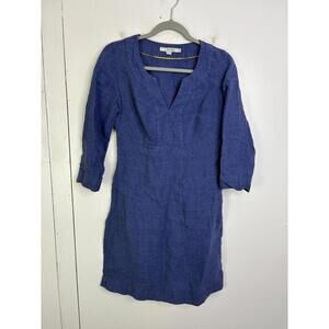 Boden Dress Womens 2 Anthropologie Blue Linen Shift V Neck Travel Warm Coastal